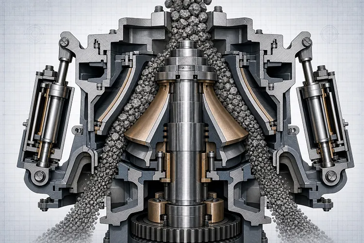 Multi-cylinder hydraulic cone crusher crushing chamber cross-section showing laminated rock comminution